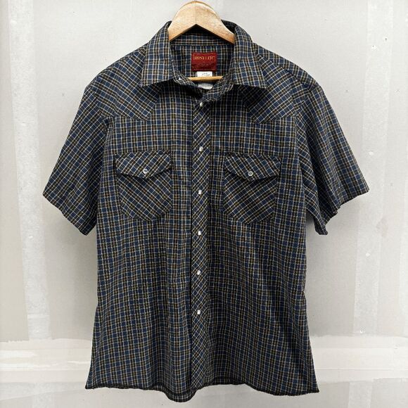 Vintage Rustler X-Long Tails Plaid Check Blue Brown Pearl Snap Western Size L 90 - Picture 1 of 4
